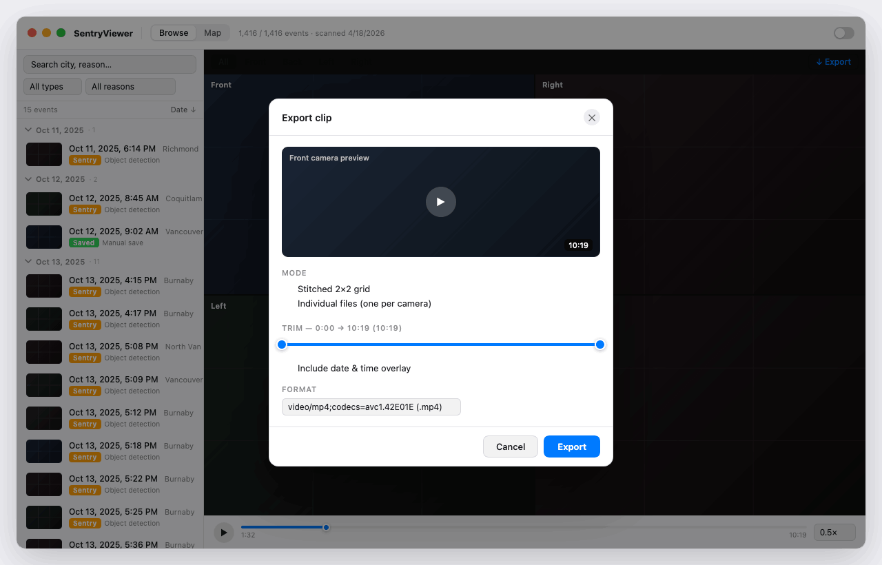 Export clip dialog with trim range and format options