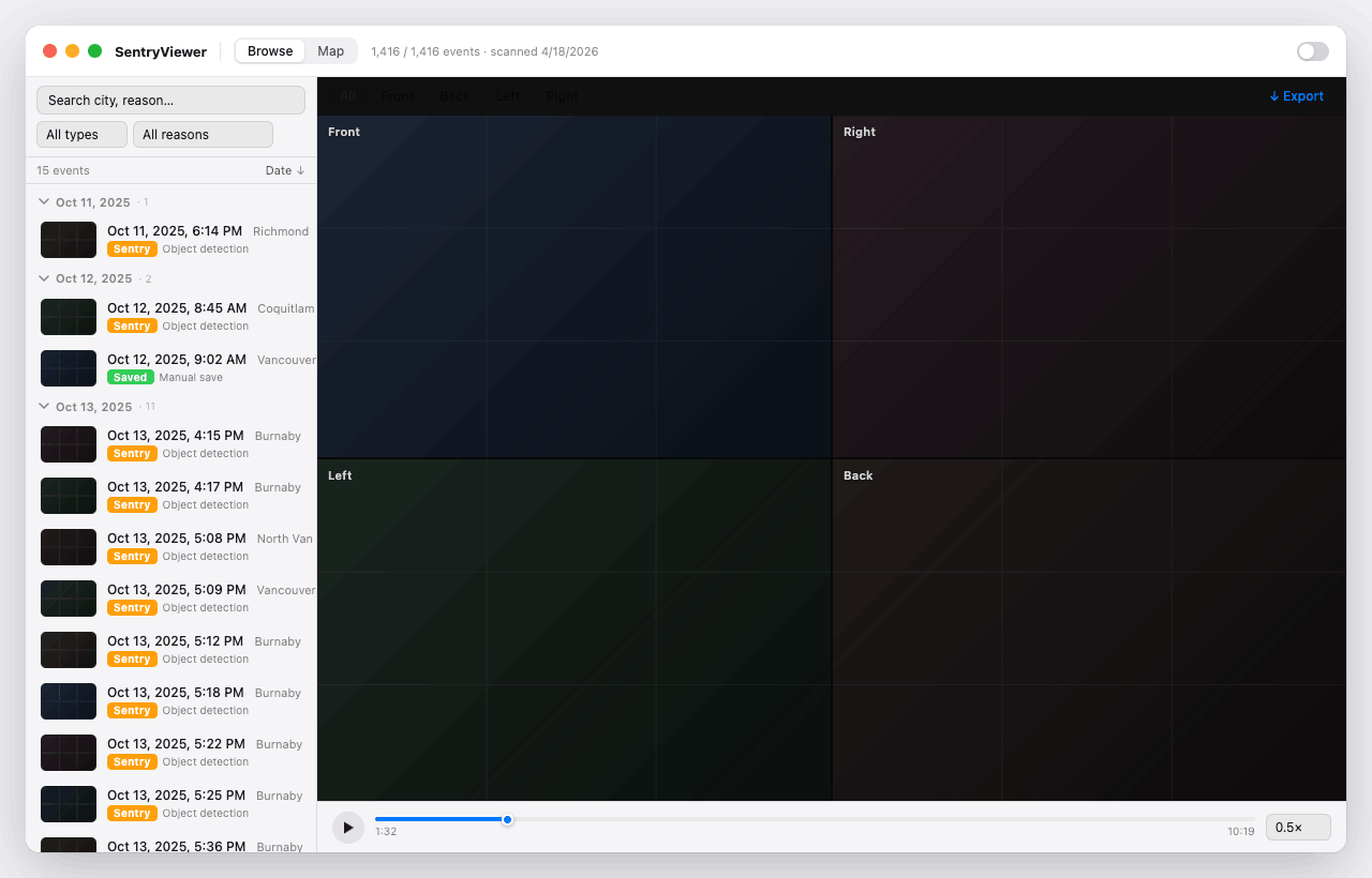 Trace browse view with 4-camera grid and event sidebar