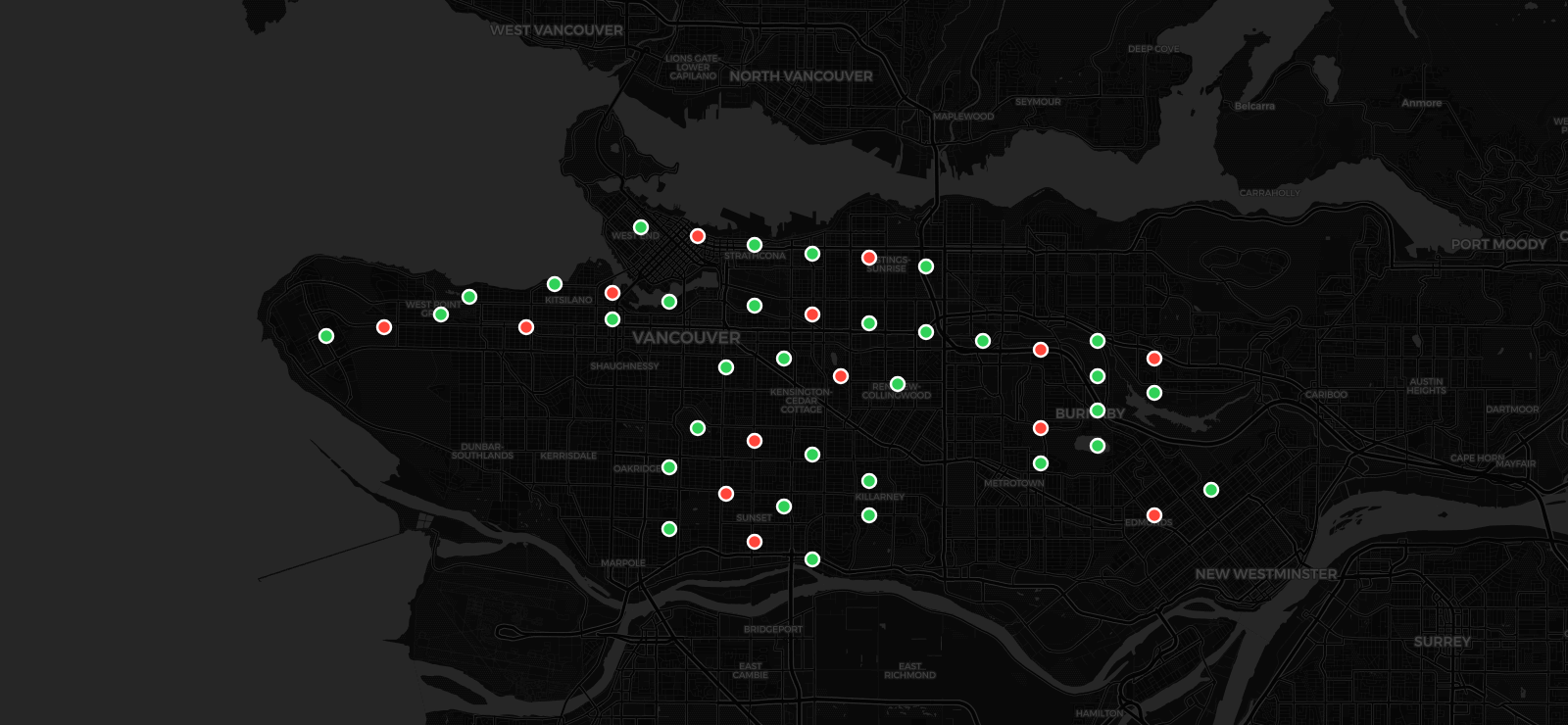 Map view showing Sentry and Saved event pins across Vancouver